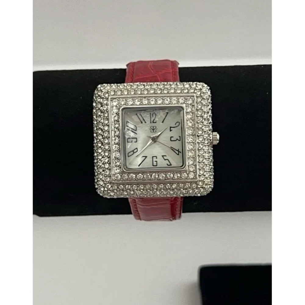 Suzanne Somers Collection Crystal Rhinestones Red Leather Womens Quartz Watch